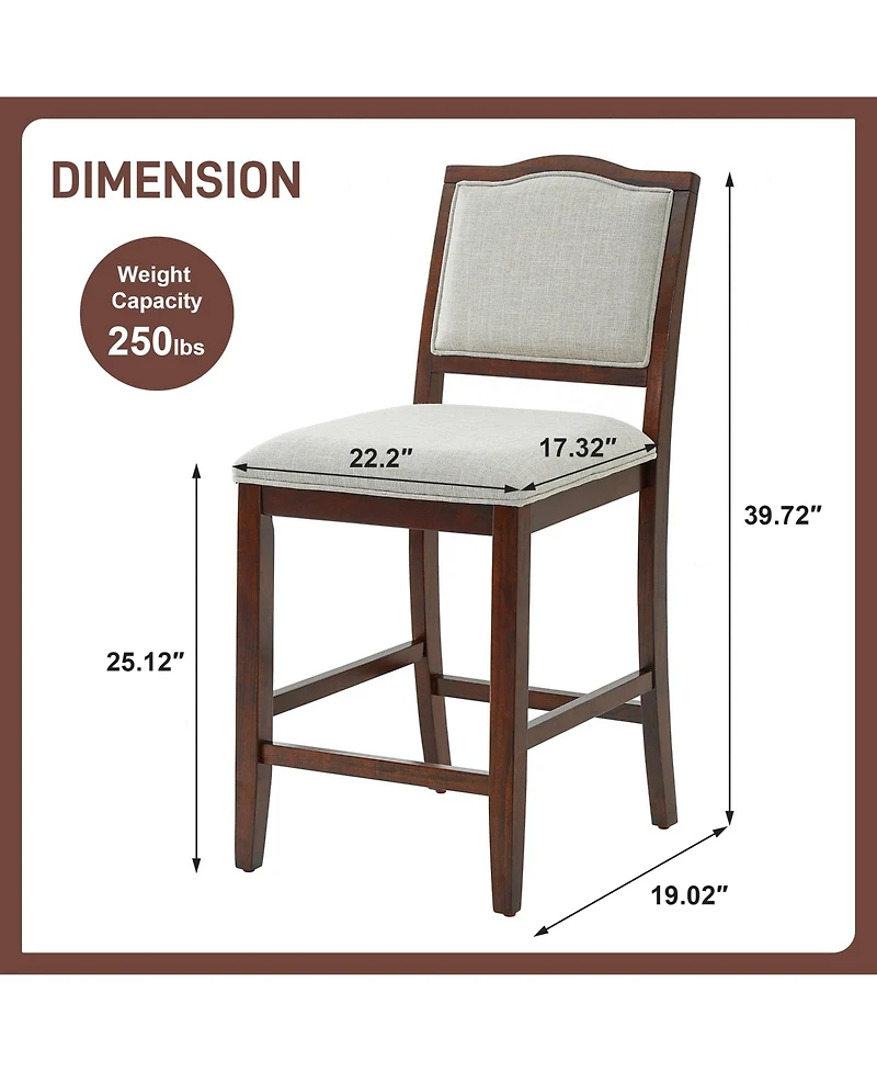 Maison Boucle Counter Height Bar Stools Set of 2, Solid Wood Frame, Upholstered Seat And Back, Curved Backrest, Kitchen Island Seating
