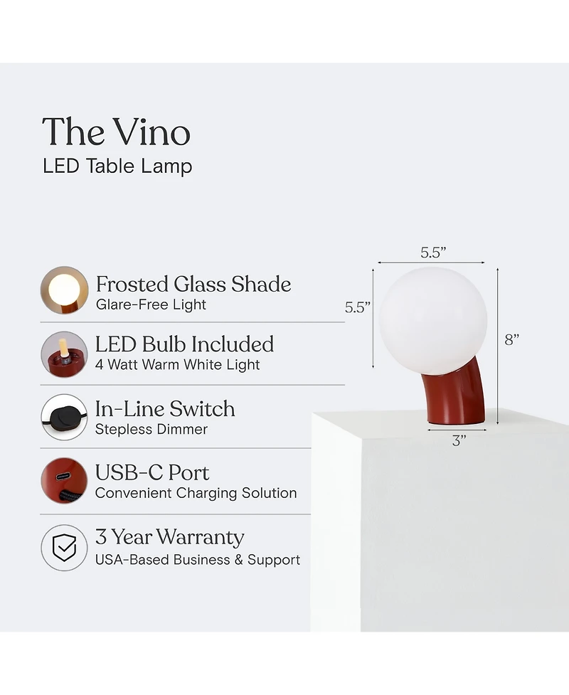 Brightech 8-in Vino Usb-c Charging Modern Led Table Lamp with Frosted Glass Globe Shade