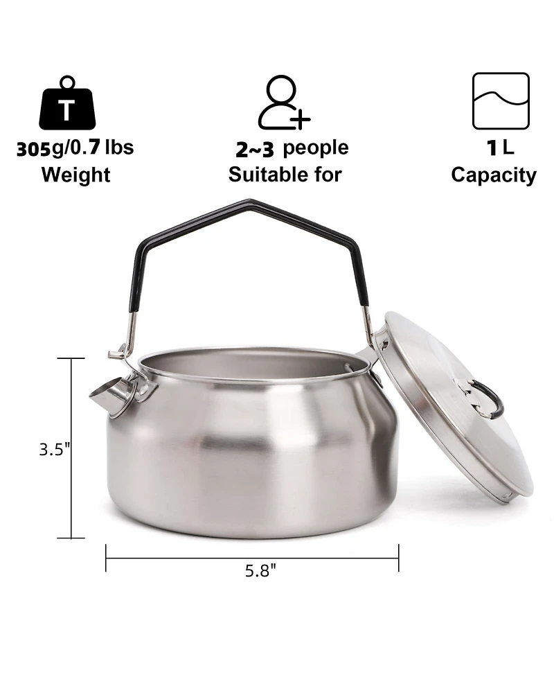 Piscifun 1L 304 Stainless Steel Camping Kettle Portable Fast Heating Outdoor Camp Tea Coffee Pot For Hiking Travel
