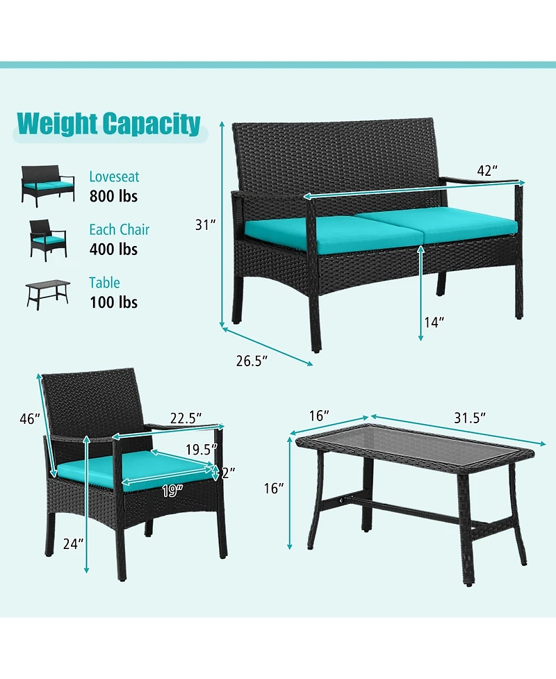 Costway 8Piece Patio Wicker Furniture Set Cushioned Chairs and Loveseat with Coffee Table Garden