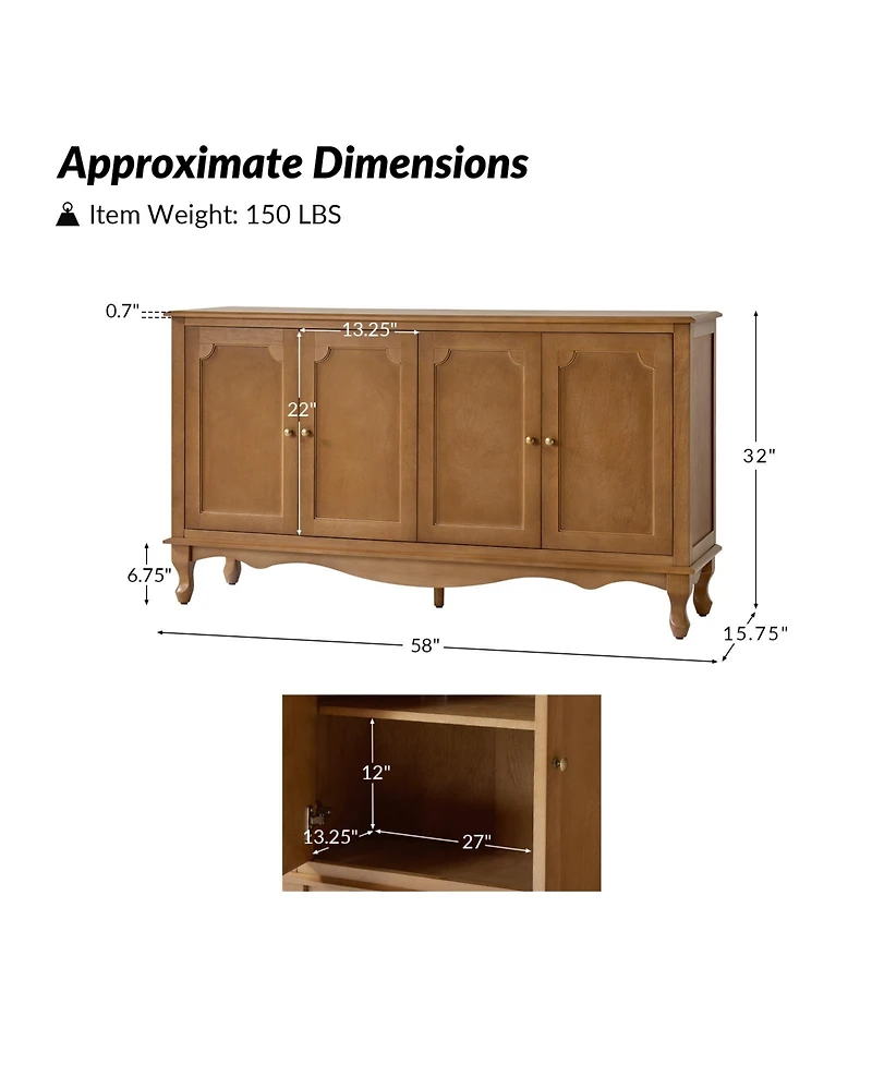 Hulala Home Agnes 58" Wide Transitional 4 Door Sideboard with Cable Management and Adjustable Shelves