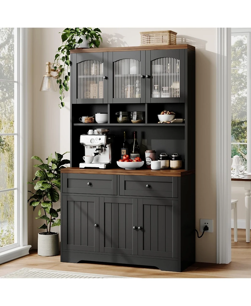 homfan 71" Tall Pantry Cabinet with Charging Station, Fluted Glass and Drawers, Farmhouse Kitchen Hutch for Living Room