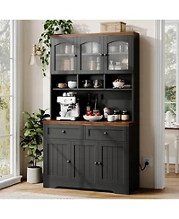 homfan 71" Tall Pantry Cabinet with Charging Station, Fluted Glass and Drawers, Farmhouse Kitchen Hutch for Living Room