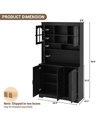 homfan Tall Kitchen Pantry Cabinet with Hutch, 71'' Storage, Glass Doors, Built-in Charging Station, Dining Room Wine Rack and Cupboard