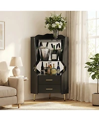 Sailvan Wooden Corner Bar Cabinet with 2 Open Shelves, 2 Drawers and Mirrored