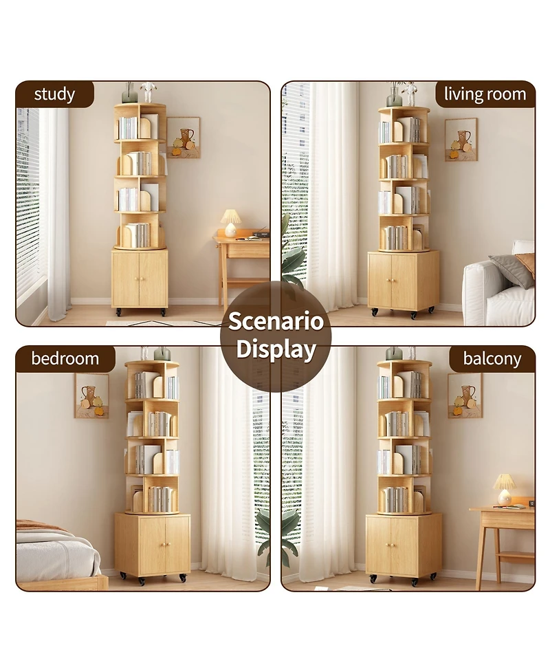 sumyeg 360 Degree Rotating Display Cabinet 5 Tier Corner Bookshelf with Drawer