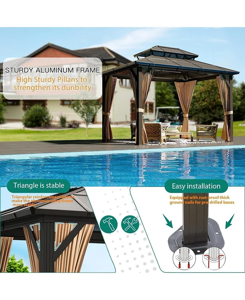 gaomon Hardtop Gazebo, Heavy Duty Aluminum Permanent Outdoor Gazebo with Double Ventilated Roof, Curtains, Netting and Ceiling Hooks
