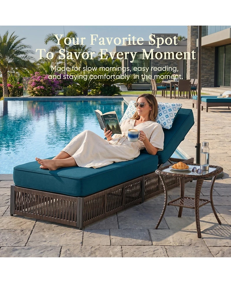 Pocassy Outdoor Chaise Lounge, Wicker Recliner with Adjustable Backrest, 5inch Thick Water Repellent Cushions, Patio Rattan Lounge Chairs