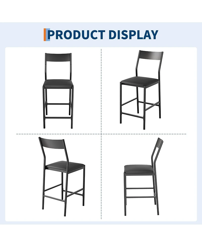 homfan Set of 2 Bar Stools, 24 Inch Pu Leather Counter Height Stools with Backrest and Footrest for Kitchen or Dining Room