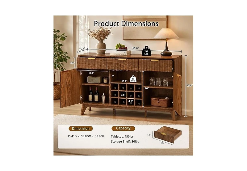 homfan 60" Wide Fluted Wine Bar Cabinet with 2 Side Cabinets, 3 Drawers, 4 Glass Holders and 12 Racks, Modern Buffet Sideboard Storage