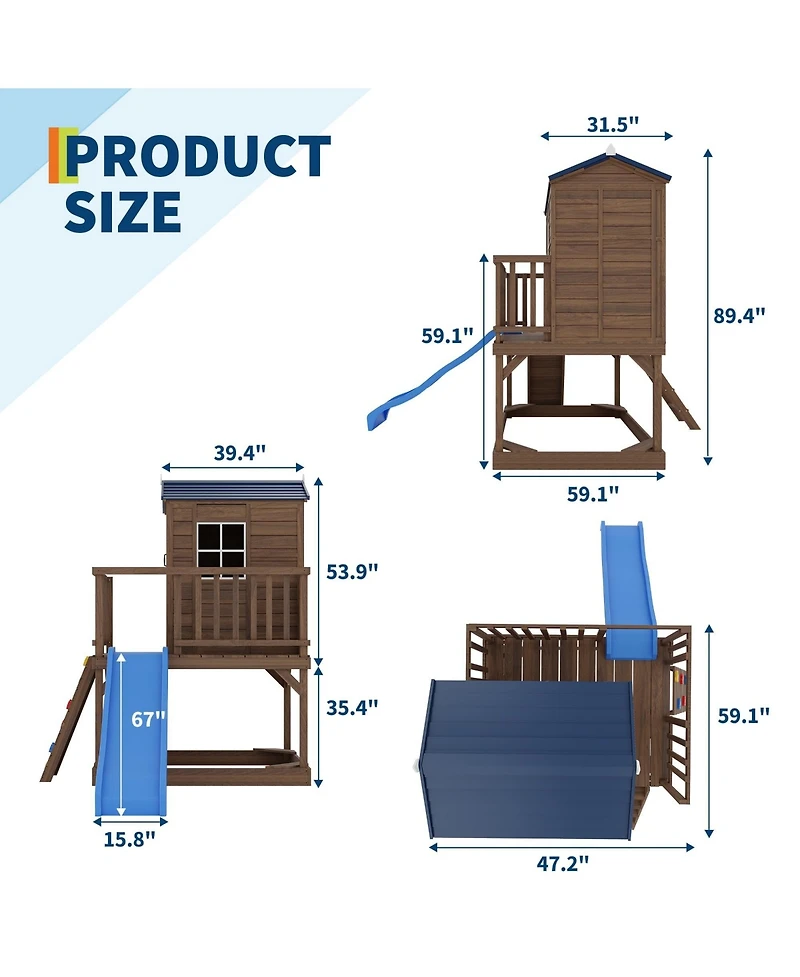 homfan Kids Outdoor Playhouse with Sandbox, 89 Inch 2 Story Wooden Playhouse with Slide and Step Ladder for Backyard