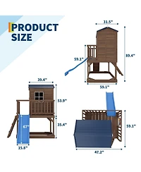 homfan Kids Outdoor Playhouse with Sandbox, 89 Inch 2 Story Wooden Playhouse with Slide and Step Ladder for Backyard