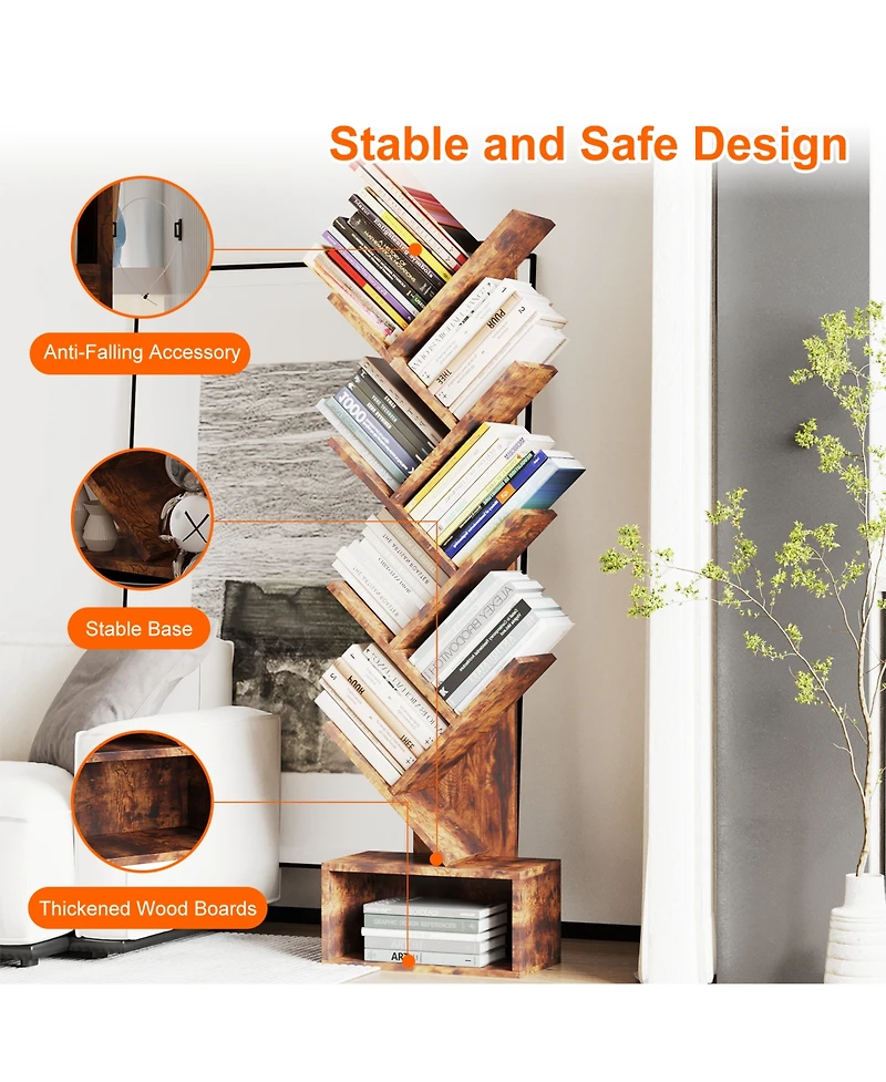 homfan 8 Tier Tree Bookshelf, Free Standing Tree Bookcase with Drawer, Utility Book Organizer Shelves for Home Office, Living Room, Bedroom