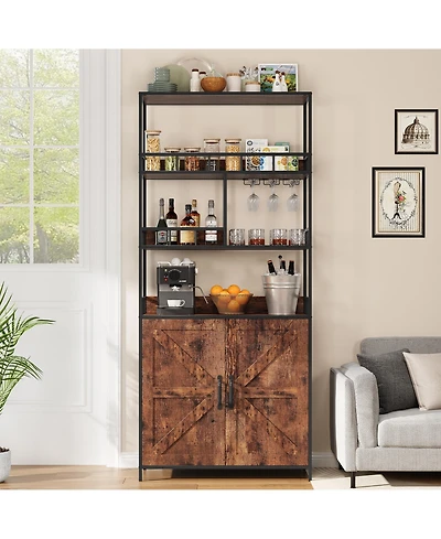 homfan 70.8" Tall Bakers Rack with Cabinet 5-Tier Freestanding Wine and Coffee Bar Cabinet, Wooden Doors, Open Storage Shelves, Metal Spice Rack