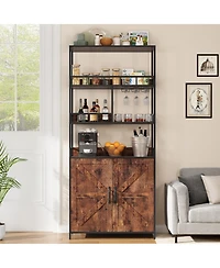homfan 70.8" Tall Bakers Rack with Cabinet 5-Tier Freestanding Wine and Coffee Bar Cabinet, Wooden Doors, Open Storage Shelves, Metal Spice Rack