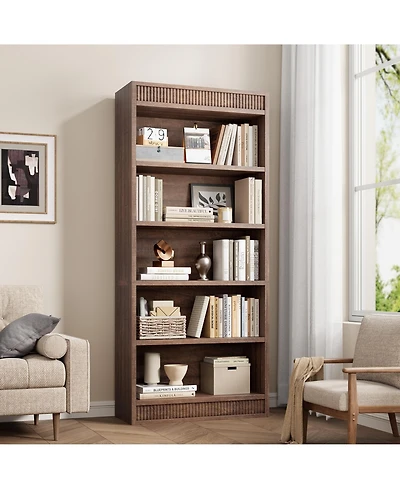 homfan 5-Tier Farmhouse Bookshelf with Display Rack and Fluted Design Rustic Vintage Wood Bookcase with Wood Base for Office and Library
