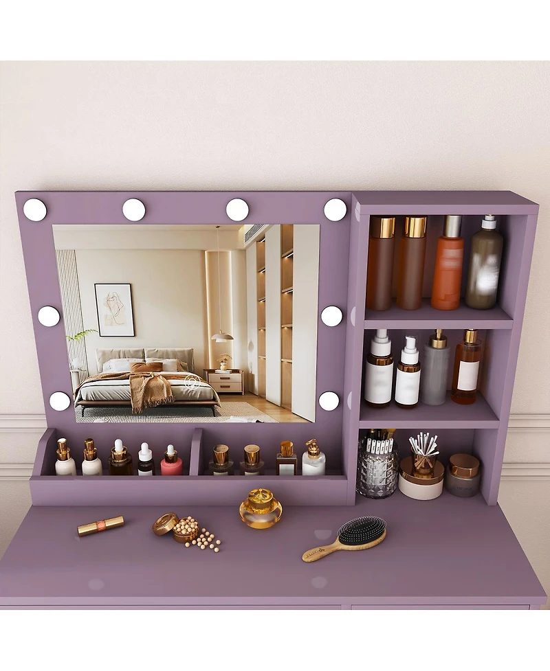 Streamdale Furniture Stylish Vanity Desk Set with Lighted Mirror, Stool and 3 Color Modes
