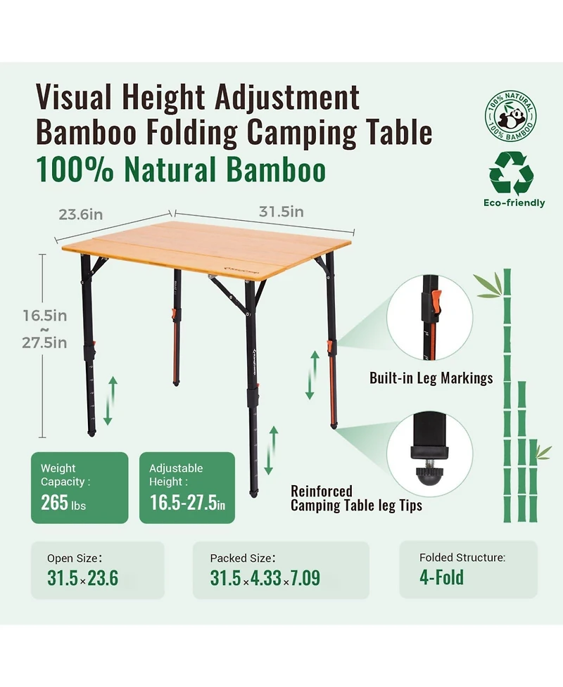 Piscifun Folding Camping Table Ultralight Portable Fiberglass Adjustable Height Aluminum Carry Bag Outdoor Picnic Beach Bbq