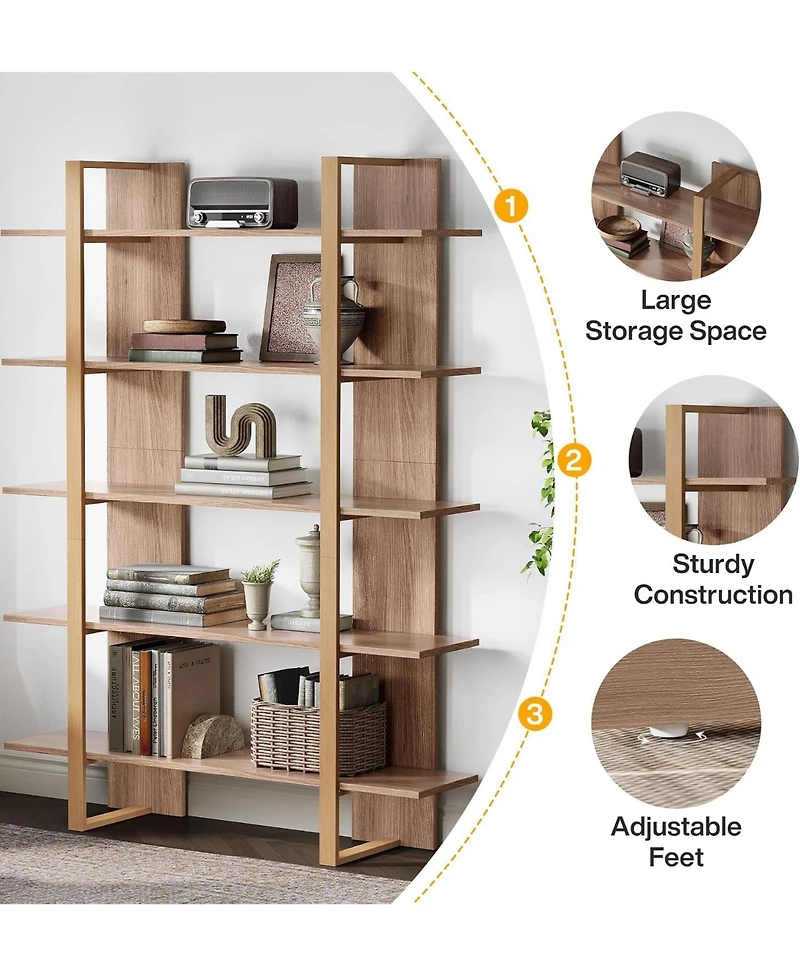 Tribesigns 5-Tier 47" Bookshelf: Boho Open Display Shelving Unit for Living Room, Office, Bedroom, Metal and Wood
