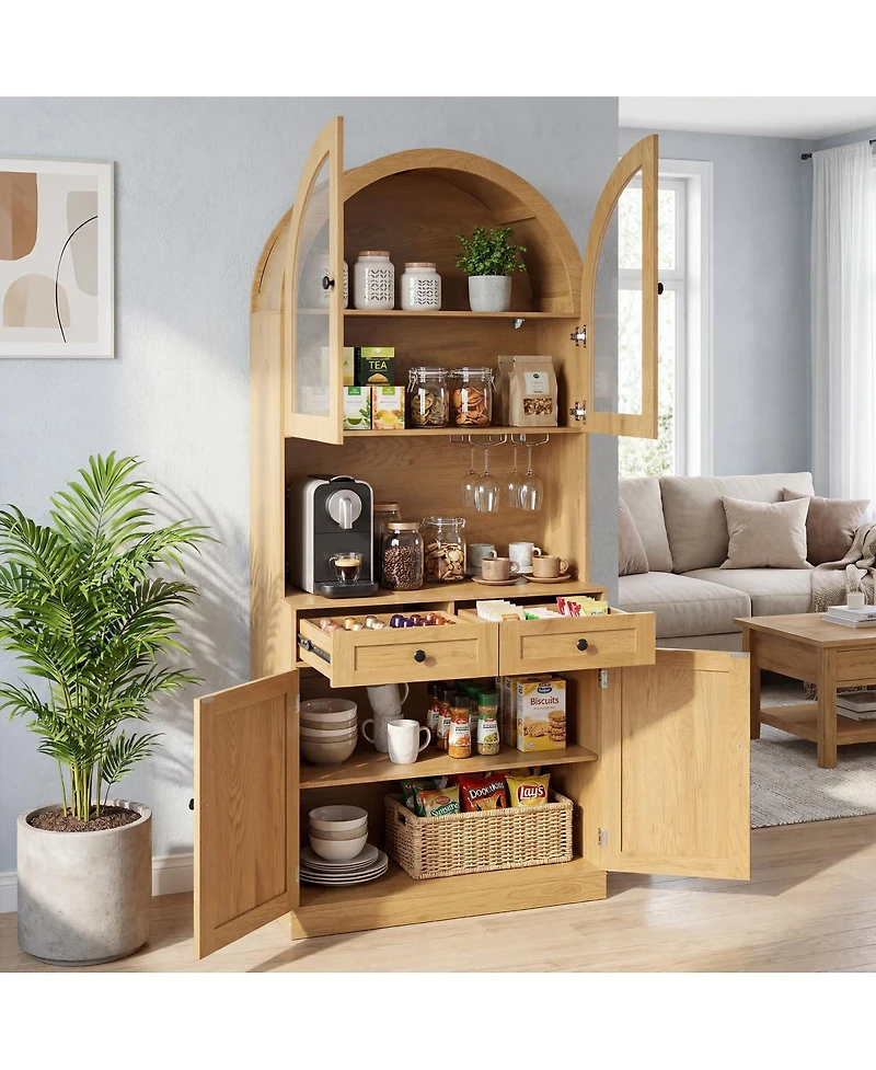 Streamdale Furniture 75" Farmhouse Arched Pantry Cabinet with Charging Station and Coffee Bar