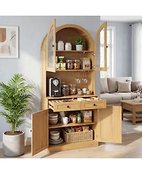 Streamdale Furniture 75" Farmhouse Arched Pantry Cabinet with Charging Station and Coffee Bar