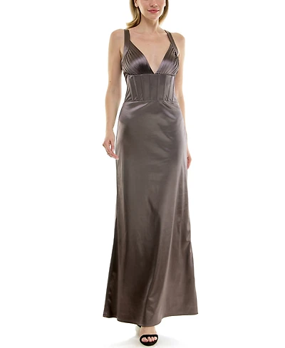 Rare Juniors' V-Neck Satin Corset Maxi Dress