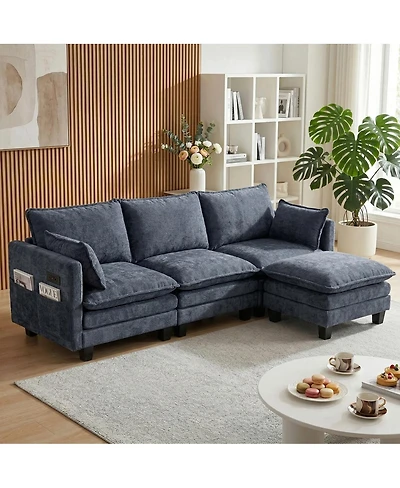 Streamdale Furniture Modern Chenille 3-Seat Sofa with Ottoman, Usb Ports and Side Pockets