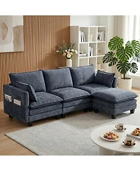 Streamdale Furniture Modern Chenille 3-Seat Sofa with Ottoman, Usb Ports and Side Pockets