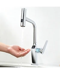Busdays Touchless Chrome Kitchen Faucet with Led Display Motion Sensor 3 Function Pull Out Sprayer 360 Swivel Spout