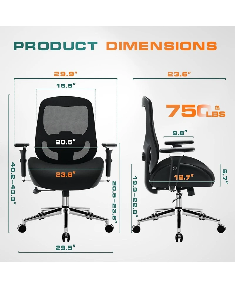 Streamdale Furniture Big and Tall Ergonomic Office Chair with 4D Armrests and Lumbar Support