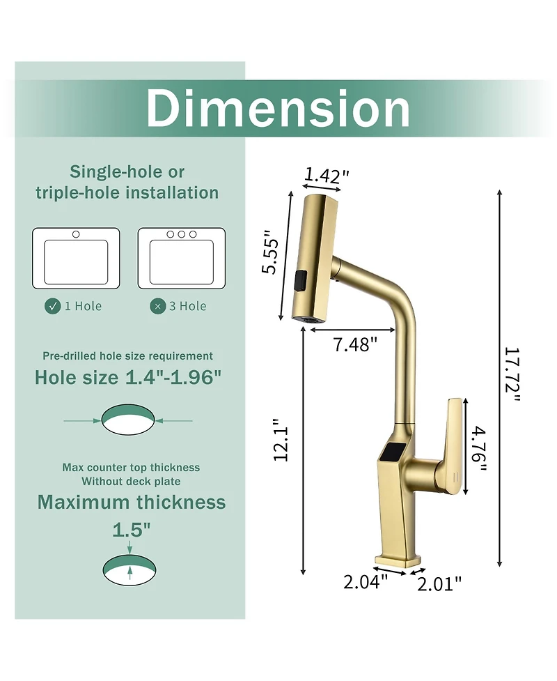 Busdays Brushed Motion Sensor Kitchen Faucet Touchless Led Display Pull Out Sprayer 3 Functions 360 Degree Swivel