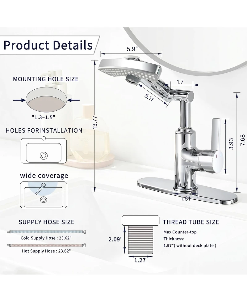 Busdays Single Handle Led Bathroom Sink Faucet Temperature Display 3 Modes 360 Rotating Spout Vanity Faucet with Digital Screen