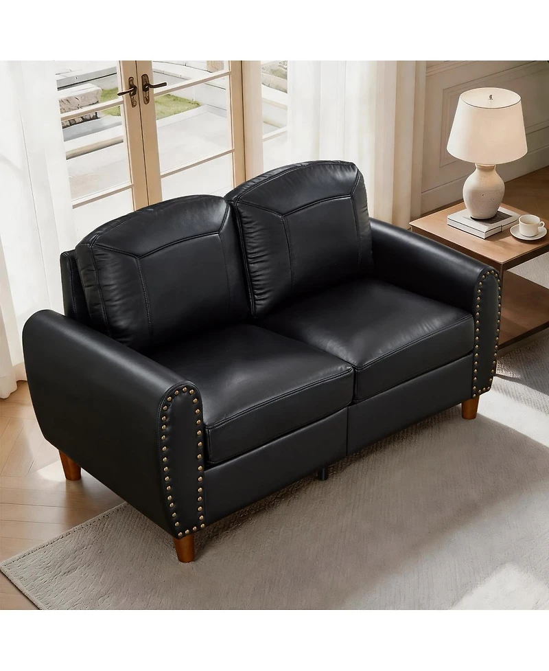 Streamdale Furniture 59" Classic Faux Leather Loveseat with Rolled Arms and Solid Wood Legs