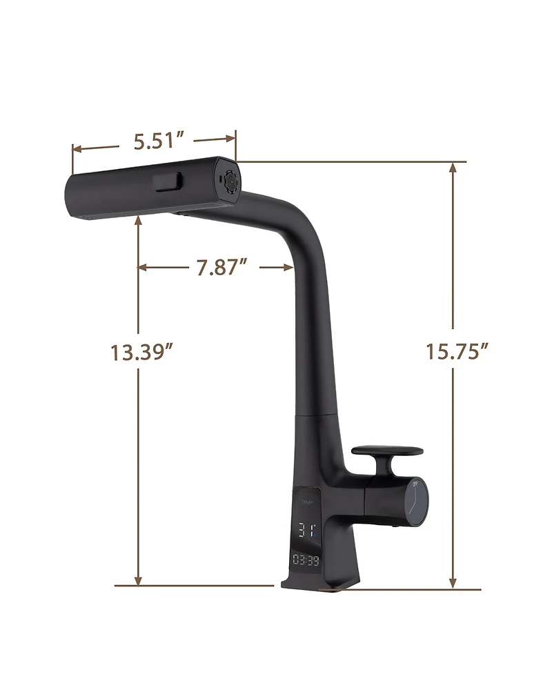Busdays Matte Waterfall Kitchen Faucet with Temperature Display Single Handle Pull Down Sprayer Modern 3 Water Outlet Modes
