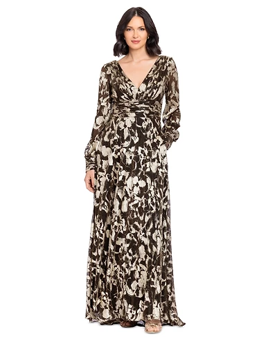 Betsy & Adam Women's Metallic V-Neck Ruched-Waist Gown