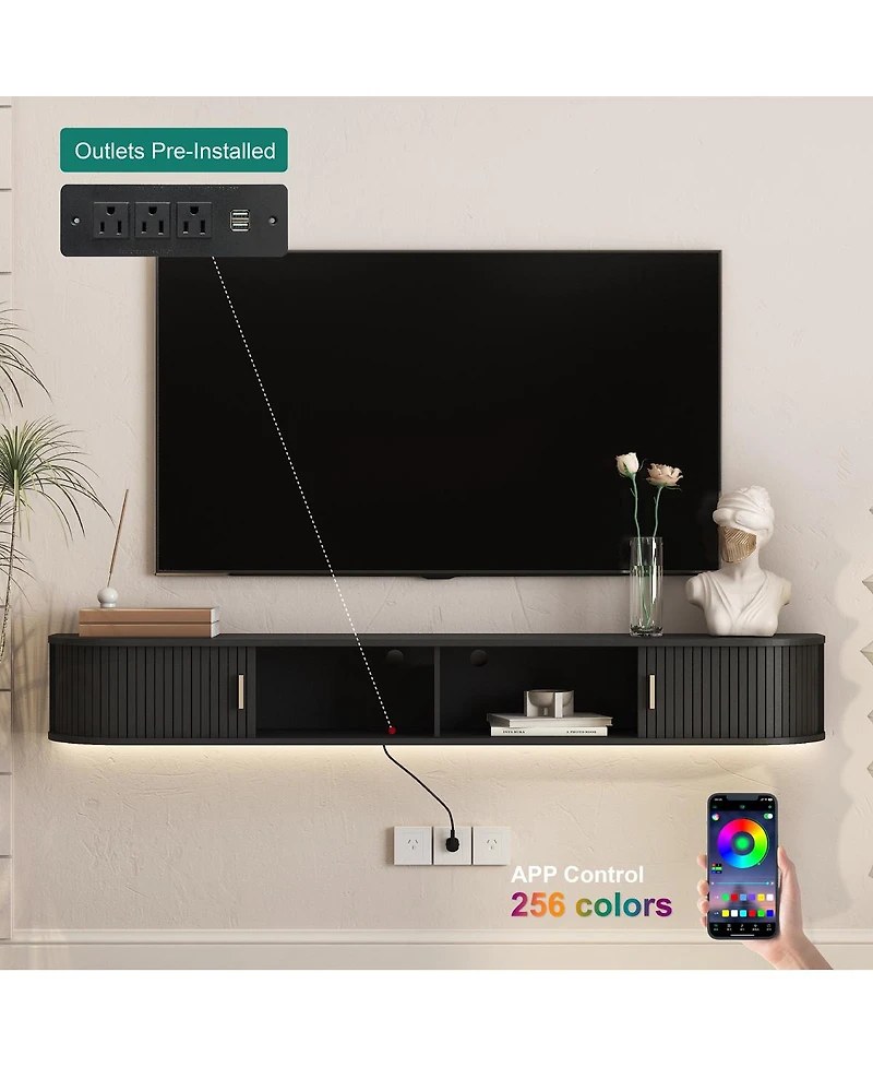 Streamdale Furniture 69" Modern Floating Tv Stand with 16-Color Led Lights and Sliding Doors