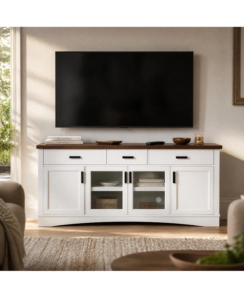Streamdale Furniture Modern 67" White Tv Console with Glass Doors, Storage Drawers and Adjustable Shelves