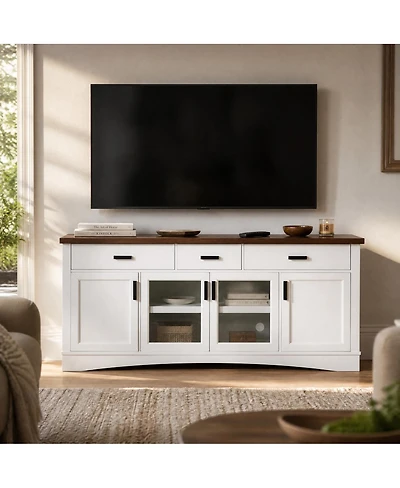 Streamdale Furniture Modern 67" White Tv Console with Glass Doors, Storage Drawers and Adjustable Shelves