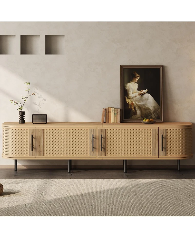 Streamdale Furniture 70" Modern Rattan Tv Stand for TVs up to 80" with Storage and Cable Management