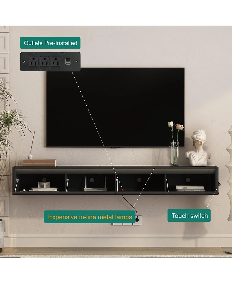 Streamdale Furniture Floating Wall-Mounted Tv Stand with Led Lights and Power Outlet3