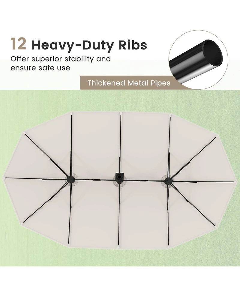 Sugift 15 feet Double-Sided Twin Patio Umbrella with Hand Crank and Weighted Cross Base