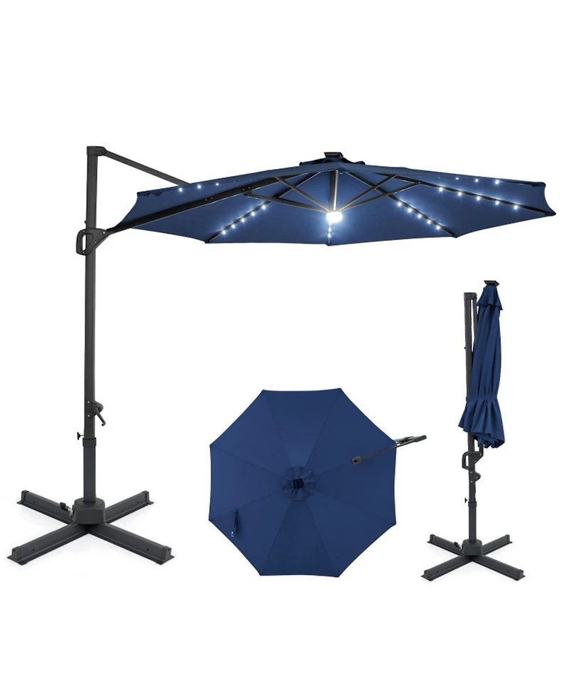 Sugift 10 feet Solar Led Cantilever Patio Umbrella with 28 Lights and 360 Rotation