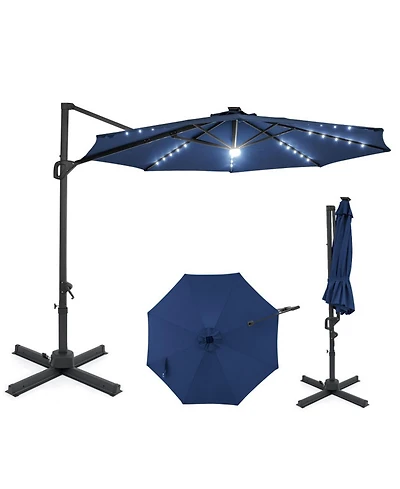Sugift 10 feet Solar Led Cantilever Patio Umbrella with 28 Lights and 360 Rotation