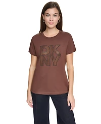 Dkny Jeans Women's Distressed Rhinestone Logo Crewneck T-Shirt