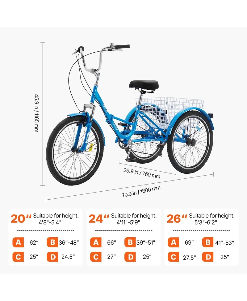 Vevor Folding Adult Tricycle 7-Speed Adult 3 Wheel Trikes Carbon Steel
