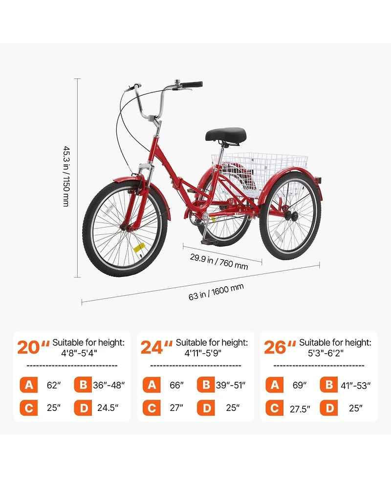 Vevor Folding Adult Tricycle 24" Adult 3-Wheel Folding Trikes Carbon Steel