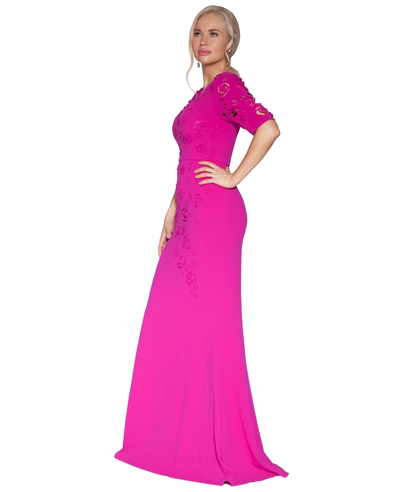 White Tie by Shani Short-Sleeve V-Neck Laser Cut Gown
