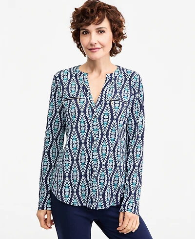 Jm Collection Women's Printed V-Neck Zipper-Pocket Knit, Macy's Exclusive
