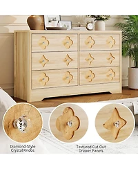 Mid-Century 6-Drawer Rattan Dresser, 47.2" Wide Wooden Storage Cabinet for Dining Room, Bedroom & Living