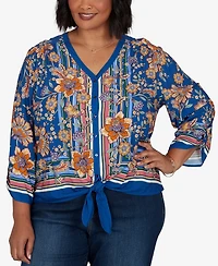 Ruby Rd. Plus Floral Vines Tied Button Front Blouse